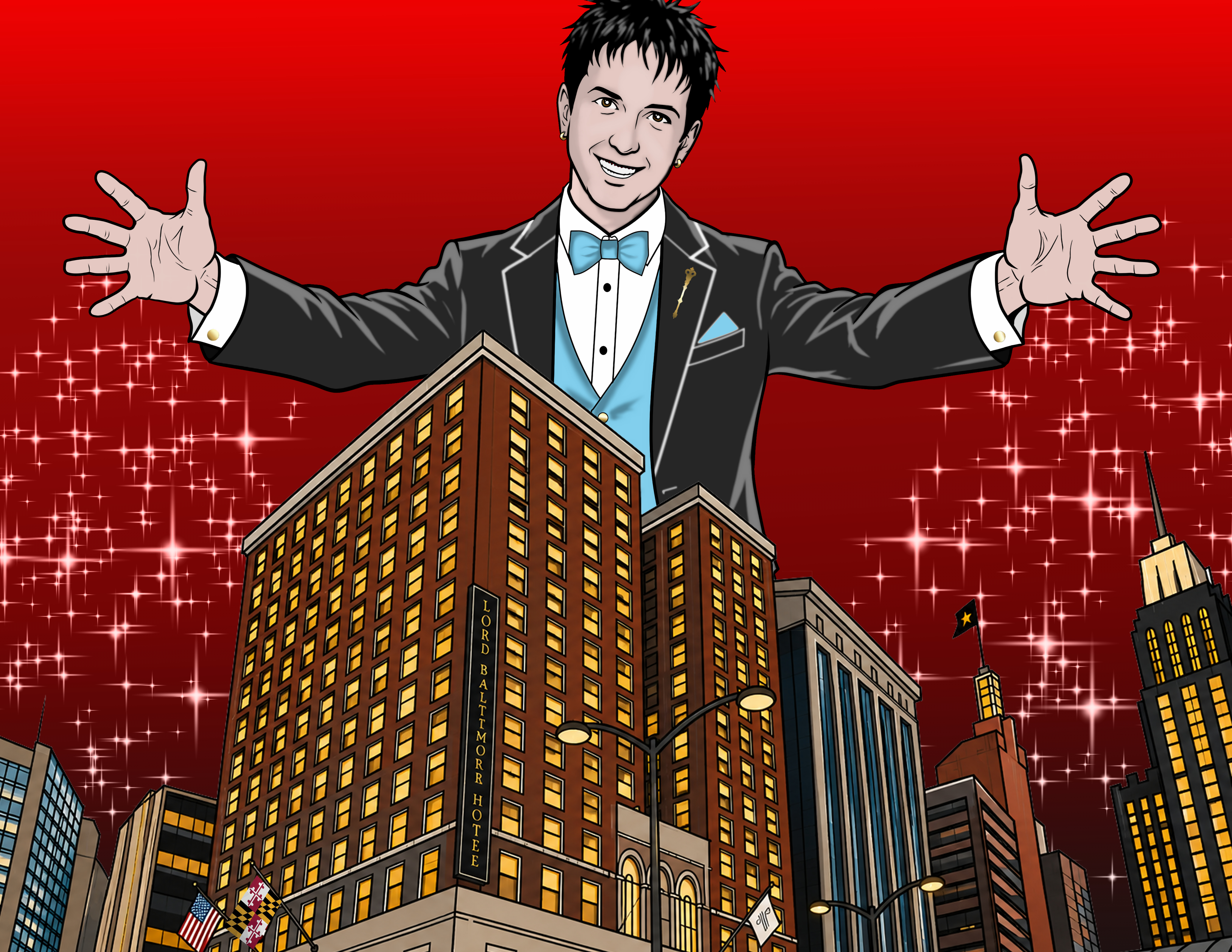 A stylized skyline of the Lord Baltimore Hotel in Baltimore, MD, presided over by Adrian, the founder of the Glitter and Gloom event.